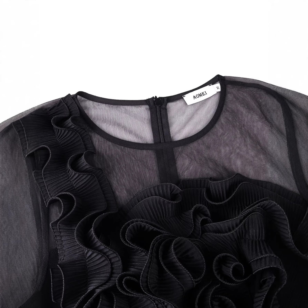 Damen elegantes Cocktailkleid mit voluminösen Rüschendetails und Fransen Drune