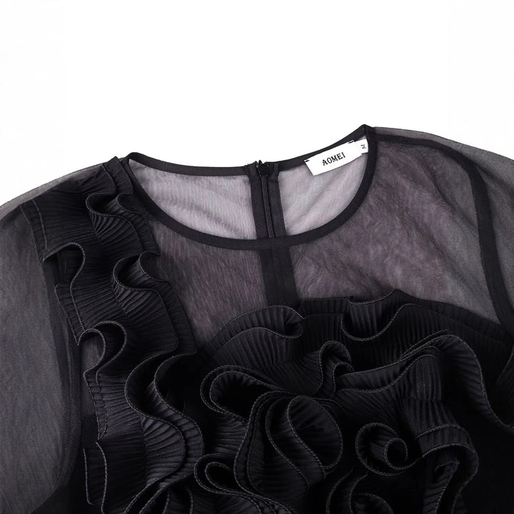 Damen elegantes Cocktailkleid mit voluminösen Rüschendetails und Fransen Drune