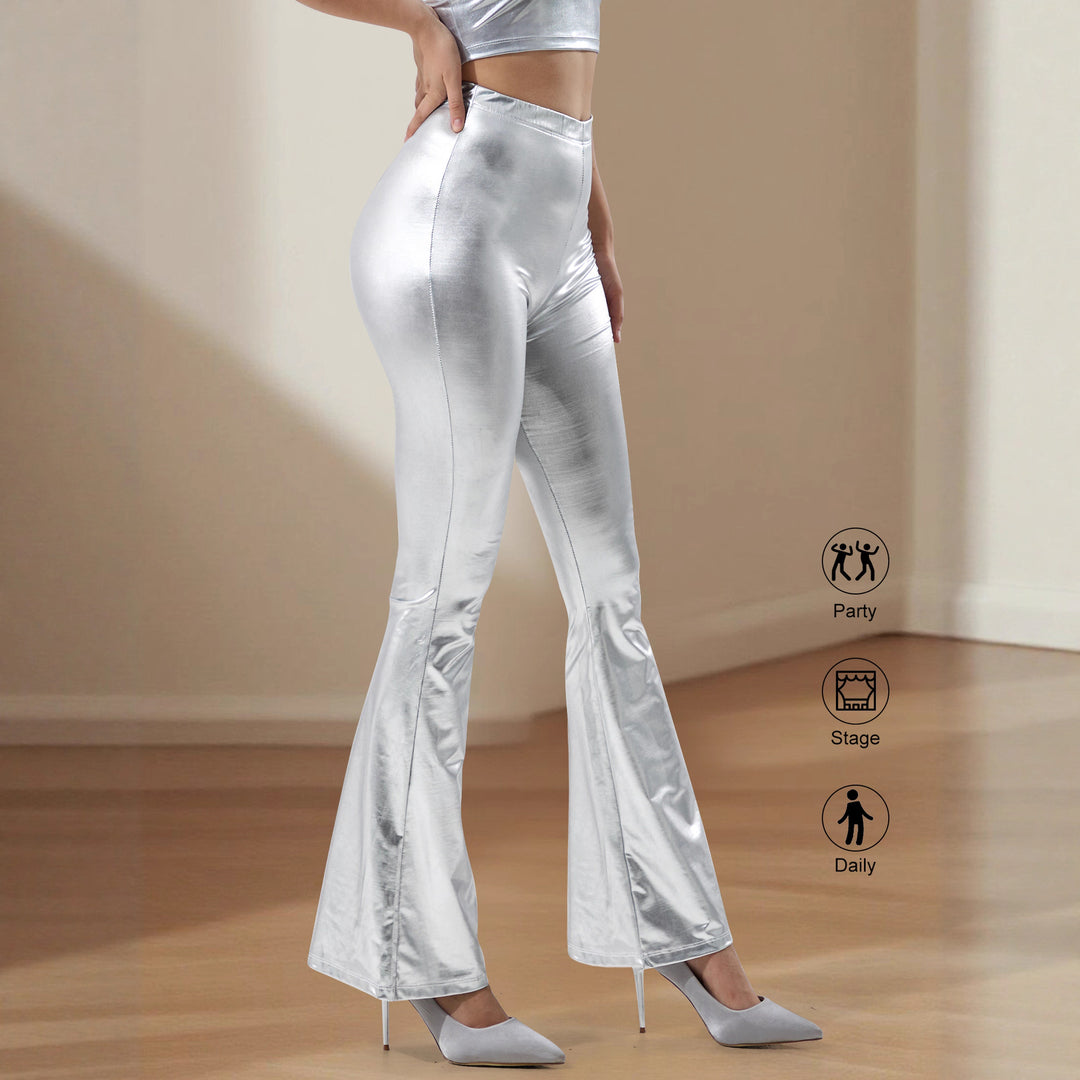 Damen High-Waist Metallic-Schlaghose mit formendem Stretchbund und eleganter Bootcut-Passform Drune