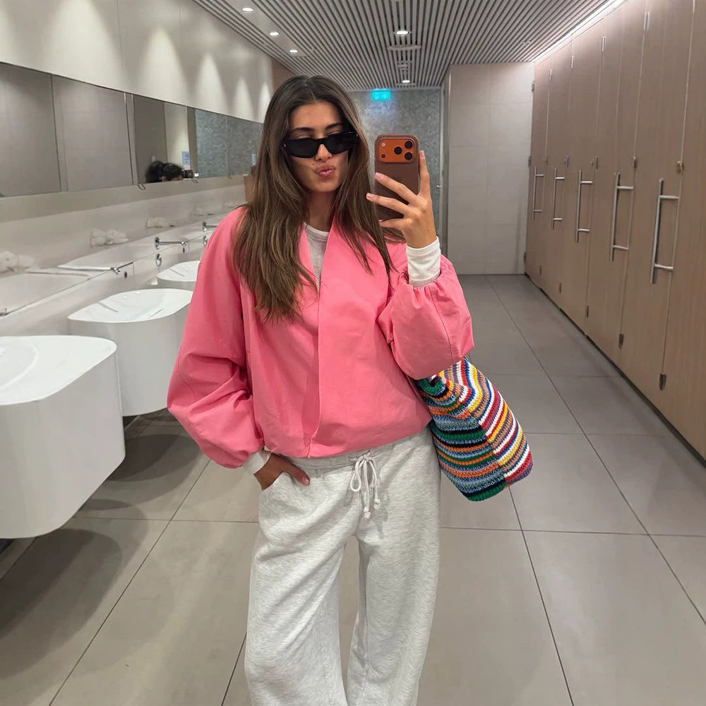 Damen Kurzblouson im Boxy-Cut mit voluminösen Ballonärmeln und verdeckter Front Drune