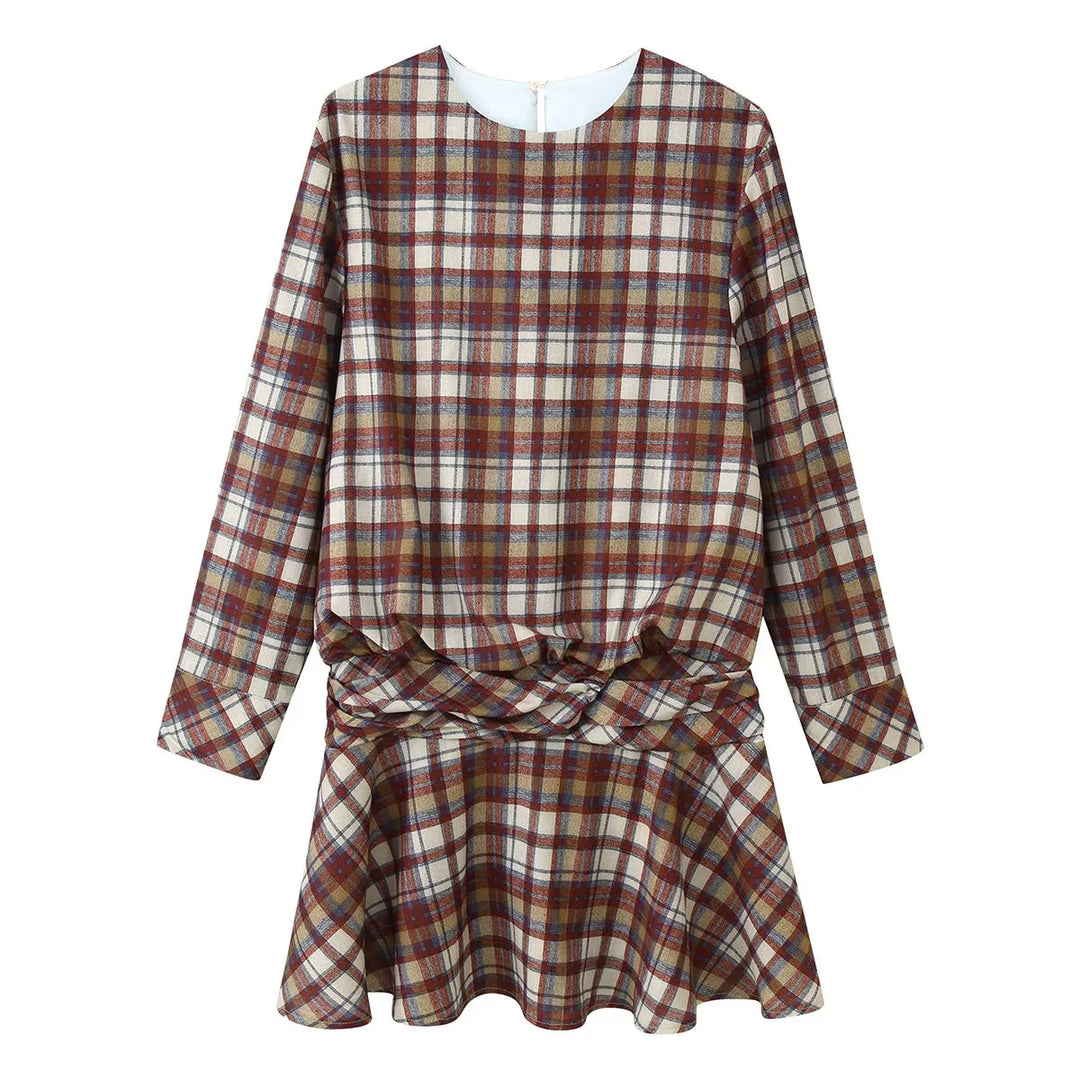 Damen nan kariertes Langarm-Minikleid mit Twisted-Taillenpasse und ausgestelltem Rock Drune