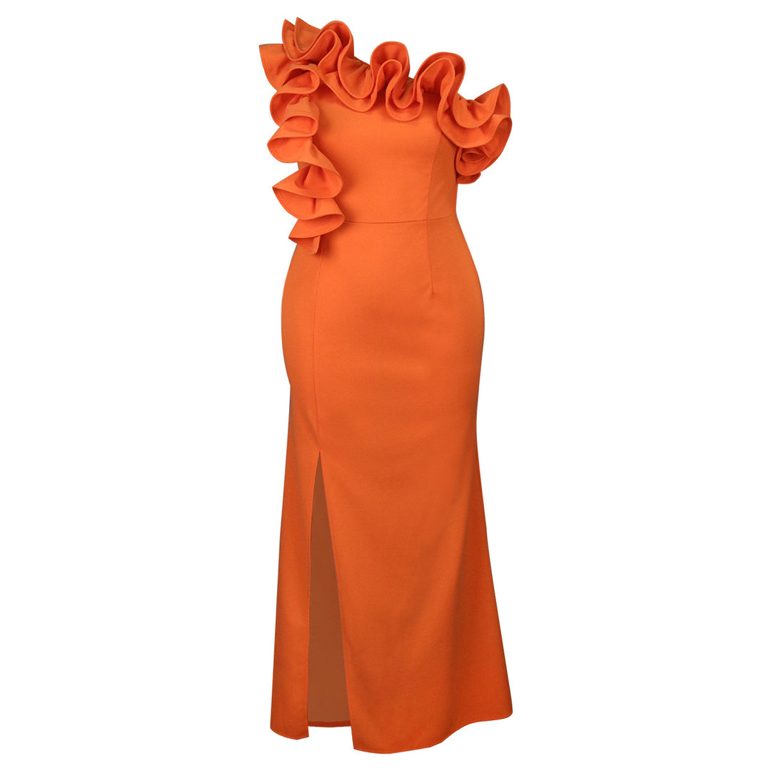 Damen Elegantes Maxikleid mit asymmetrischem Rüschenakzent und sexy Schlitz Drune