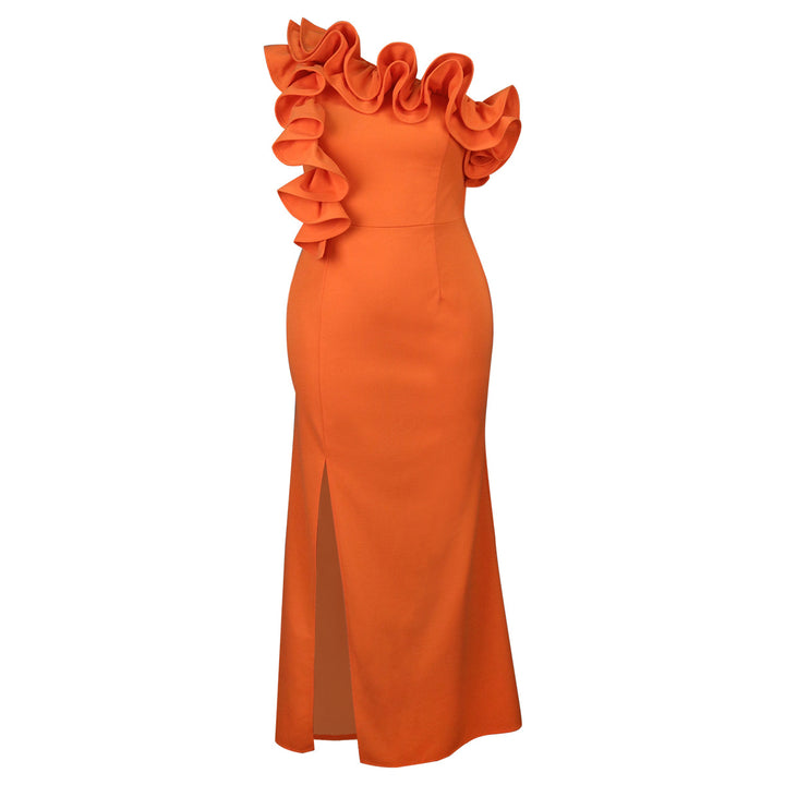Damen Elegantes Maxikleid mit asymmetrischen Rüschen und Schlitz Drune