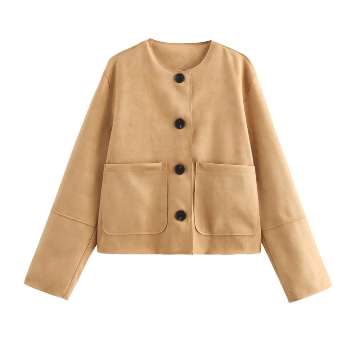 Damen nan kurze Boxy-Jacke aus weichem Wildlederimitat mit Rundhalsausschnitt und aufgesetzten Fronttaschen Drune