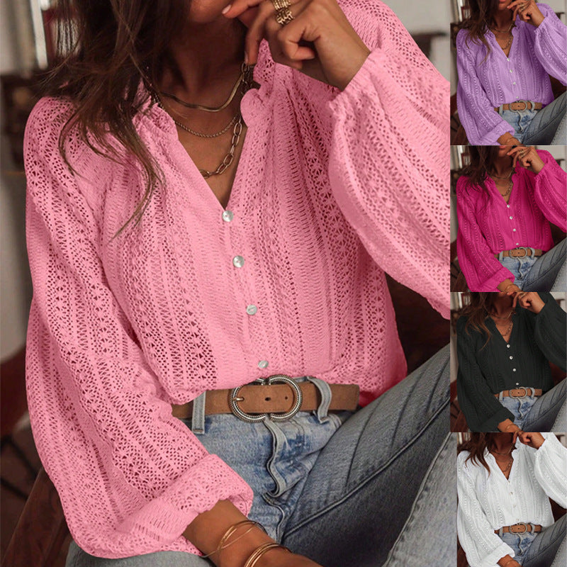 Damen Häkelbluse mit Knopfleiste und Ballonärmeln Drune