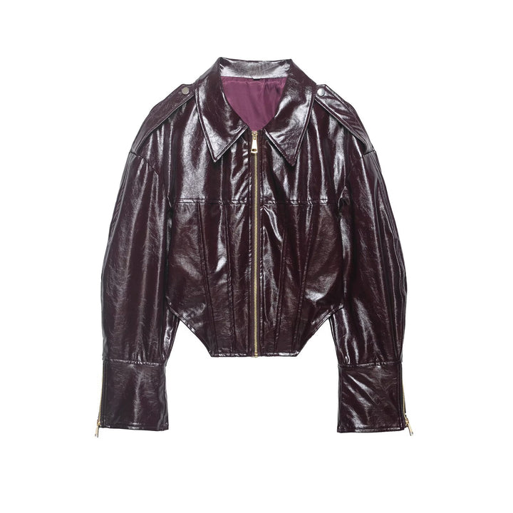 Damen kurzes glänzendes Biker-Blouson in Lederoptik mit betonter Schulterpartie Drune