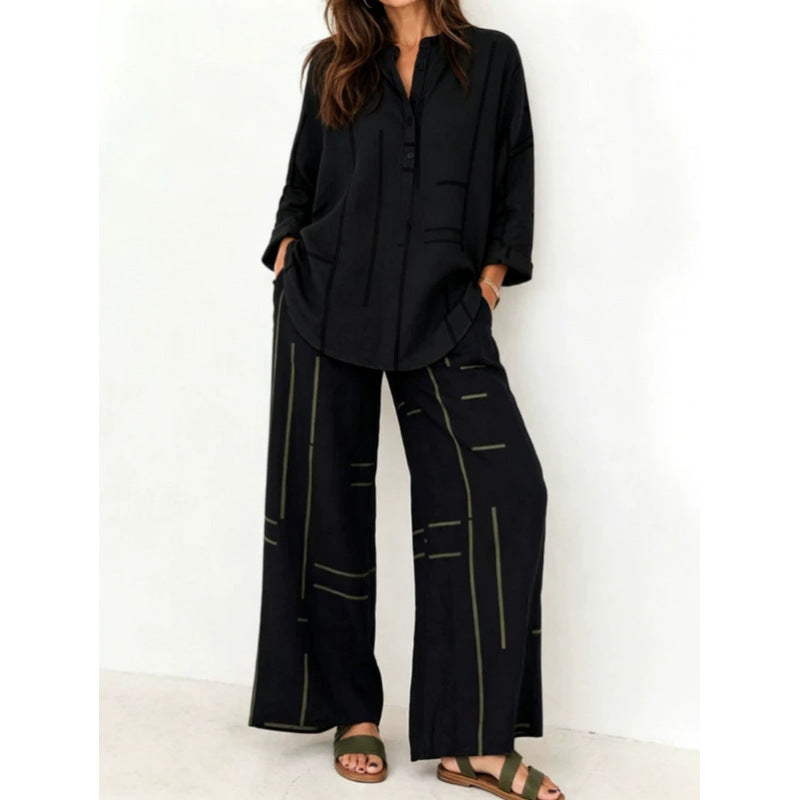 Damen Oversize-Tunika und weite Palazzohose mit grafischem Streifenprint und Henley-Kragen Drune