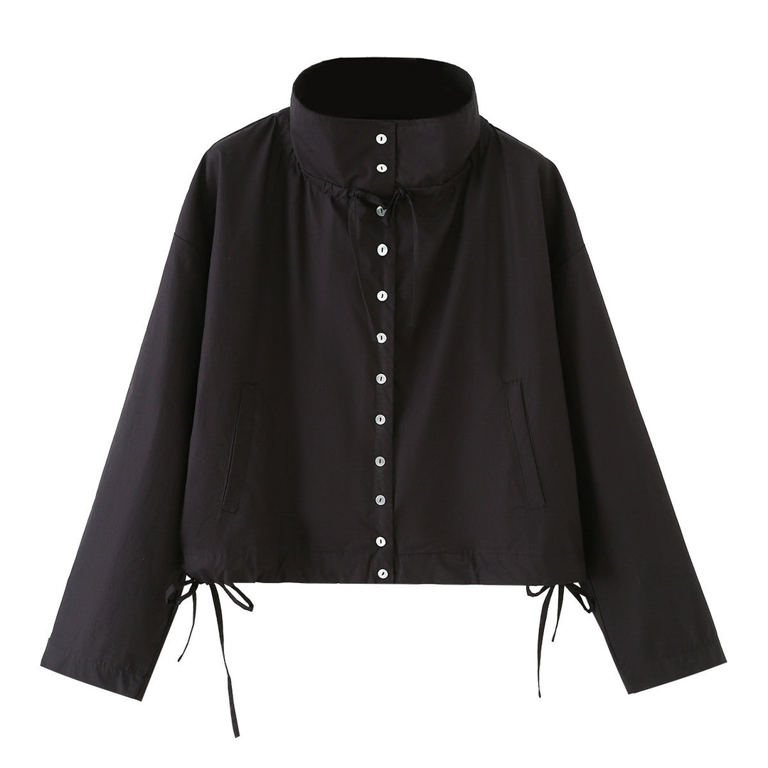 Damen kurzgeschnittene Blousonjacke mit hohem Stehkragen, Knopfleiste und Tunnelzug Drune