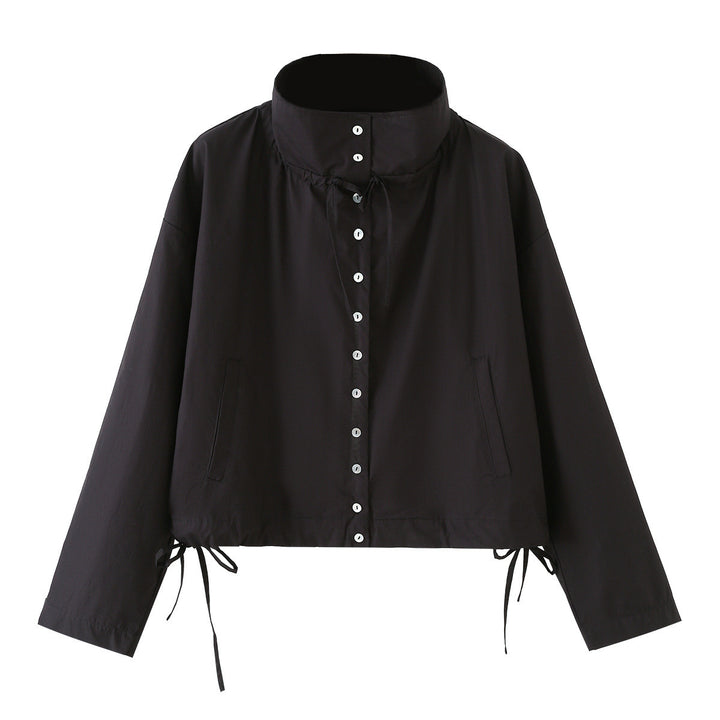 Damen kurzgeschnittene Blousonjacke mit hohem Stehkragen, Knopfleiste und Tunnelzug Drune