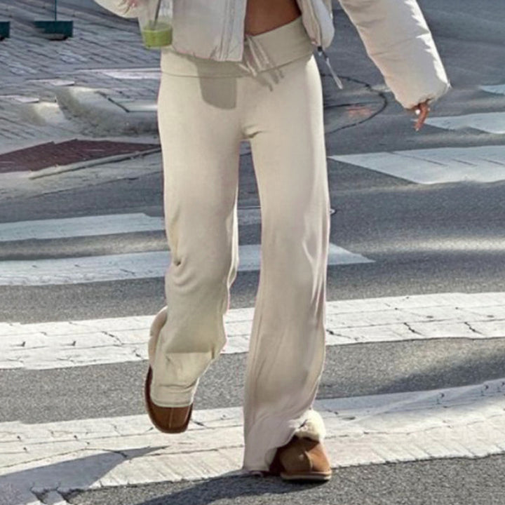 Damen nan weiche Highwaist-Loungehose aus Baumwollmix mit elastischem Komfortbund, Bindekordel und geradem Bein Drune