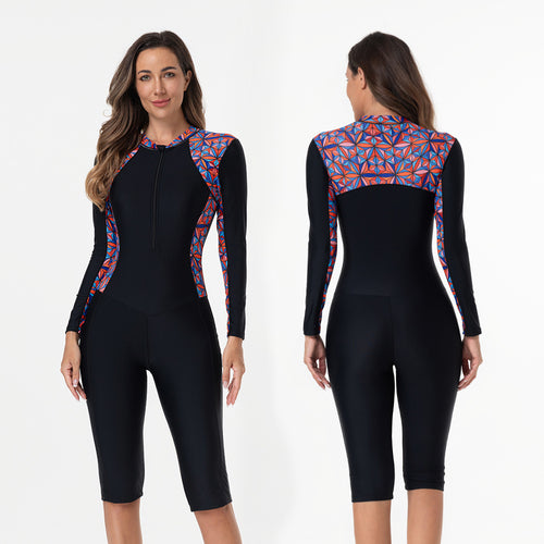 Damen Sportlicher Langarm-Neoprenanzug mit lebhaftem Blumenmuster Drune