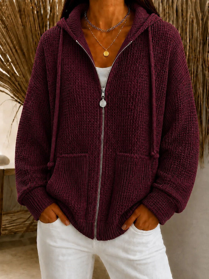 Damen Oversize Waffelstrick-Kapuzenjacke mit Reißverschluss und aufgesetzten Taschen Drune