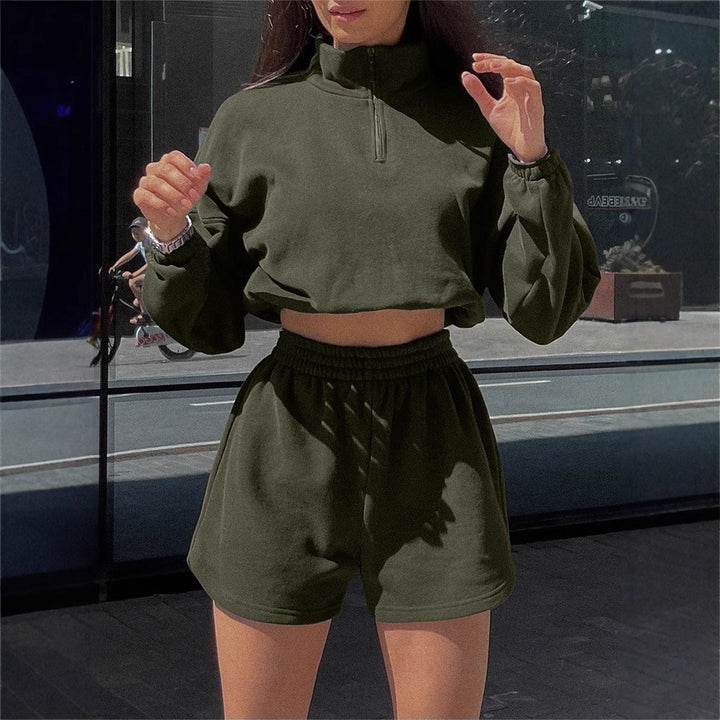 Damen sportliches Cropped Top und Shorts-Set mit Reißverschluss und elastischem Bund