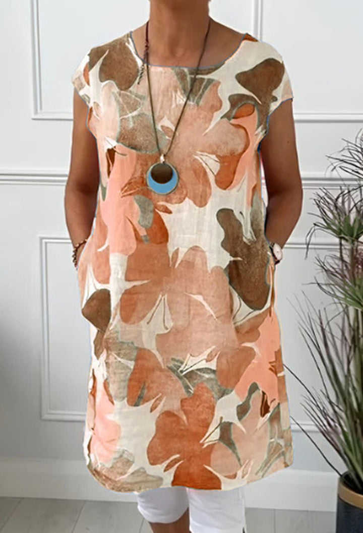 Damen nan luftiges Tunika-Midikleid aus Leinenmix mit Aquarellblütenprint und Seitentaschen Drune