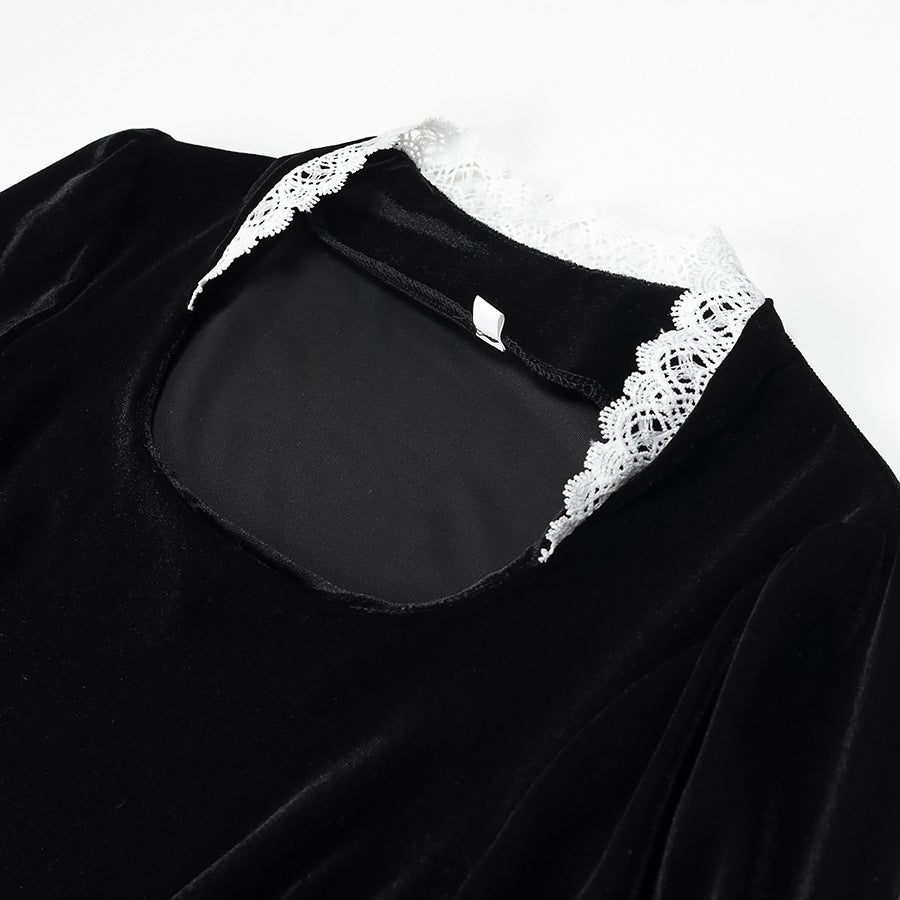 Damen Maxikleid aus Samt mit quadratischem Ausschnitt, Puffärmeln und Spitzenbesatz Drune