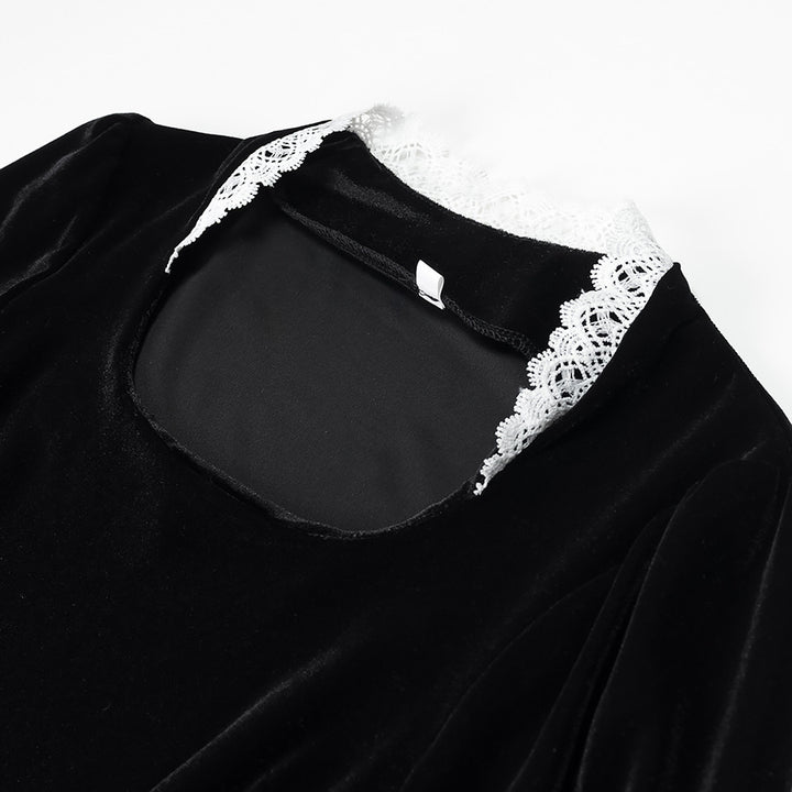Damen Maxikleid aus Samt mit quadratischem Ausschnitt, Puffärmeln und Spitzenbesatz Drune