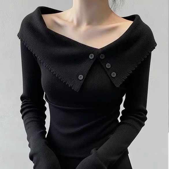 Damen Eleganter Pullover mit weitem Kragen und Knopfdetails Drune