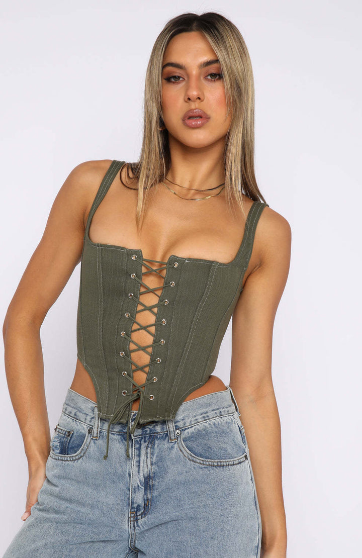 Damen Cropped Oberteil mit Schnürung und figurbetontem Schnitt Drune