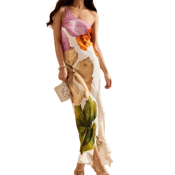 Damen Maxikleid mit Blumenmuster und asymmetrischem Ausschnitt Drune