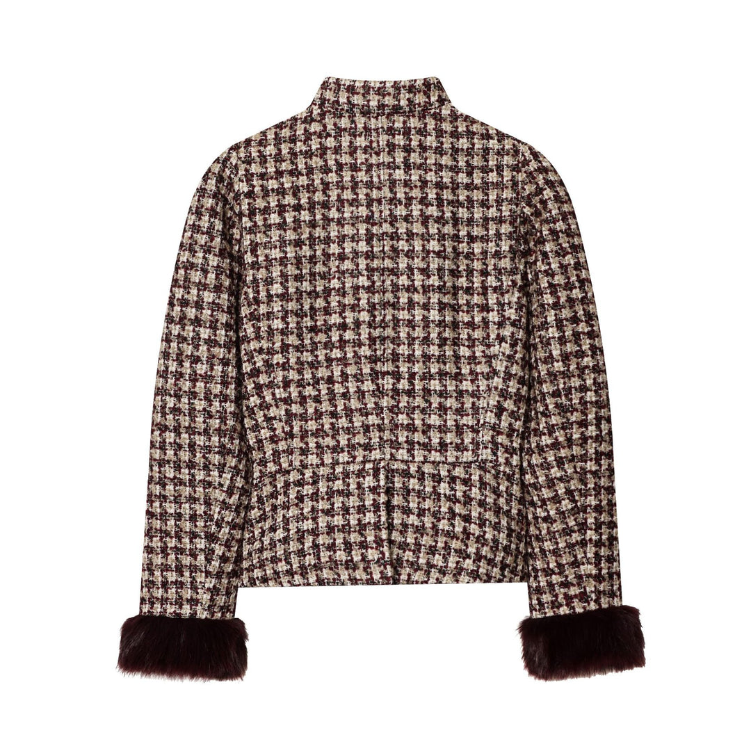 Damen nan kurz geschnittene Bouclé-Tweedjacke mit stehendem Kragen, verdeckter Knopfleiste und weichen Kunstfellmanschetten Drune