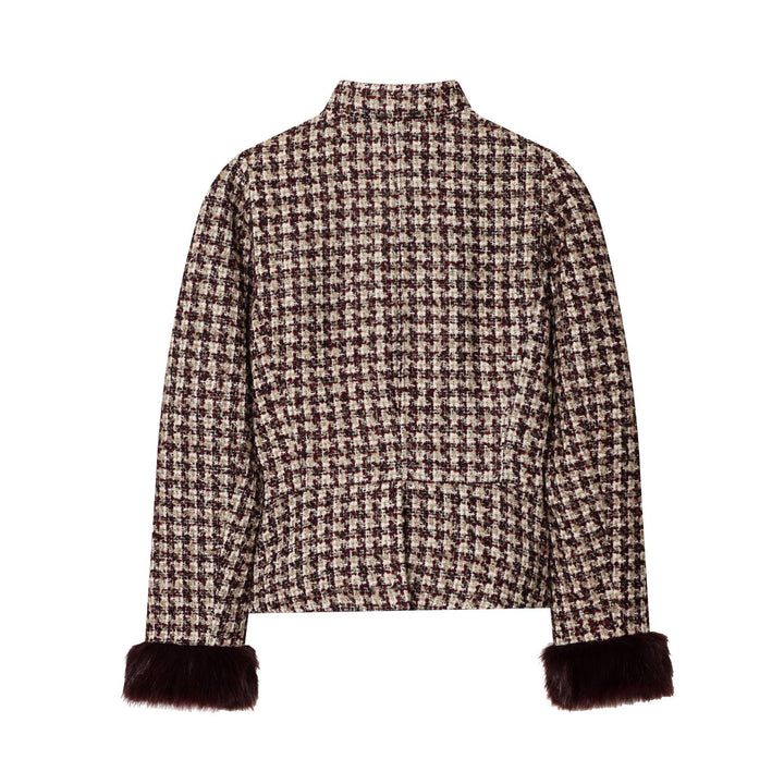 Damen nan kurz geschnittene Bouclé-Tweedjacke mit stehendem Kragen, verdeckter Knopfleiste und weichen Kunstfellmanschetten Drune