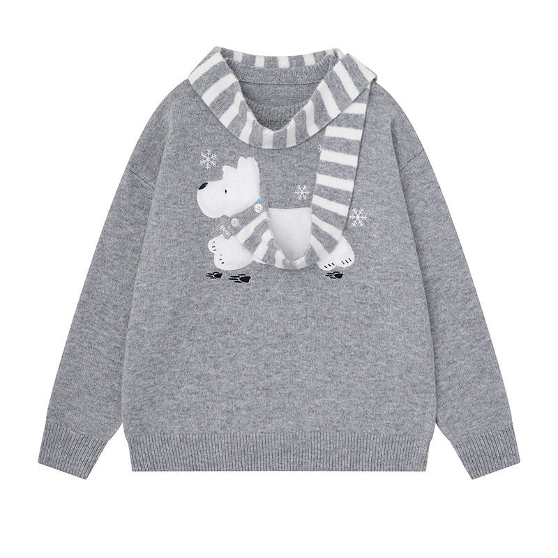 Damen Kuscheliger Strickpullover mit Eisbär-Applikation und eingearbeitetem Streifenschal Drune