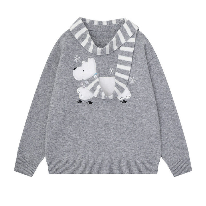 Damen Kuscheliger Strickpullover mit Eisbär-Applikation und eingearbeitetem Streifenschal Drune