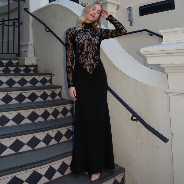 Damen Elegantes Langarm Kleid aus Spitze mit geraffter Silhouette Drune