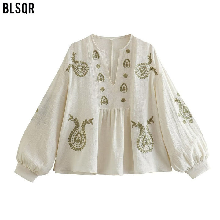 Damen bestickte Baumwoll-Tunika mit weitem Fall, Paisley-Motiven und Ballonärmeln Drune