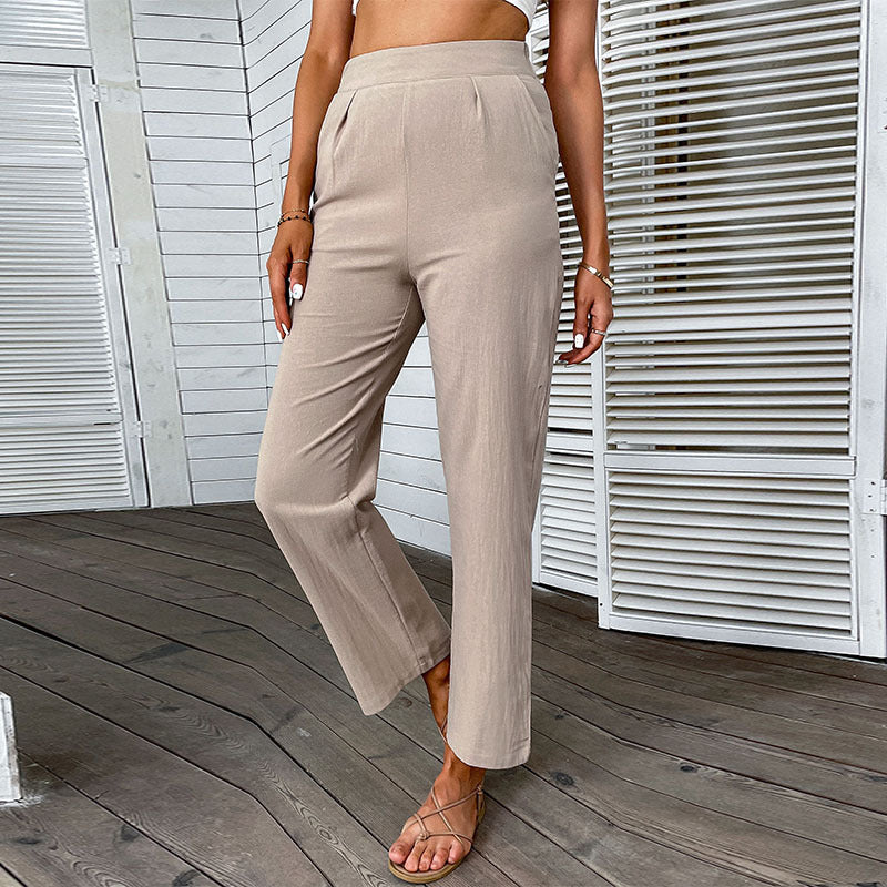 Damen Leichte Leinenoptik-Hose mit hoher Taille und geradem Bein Drune