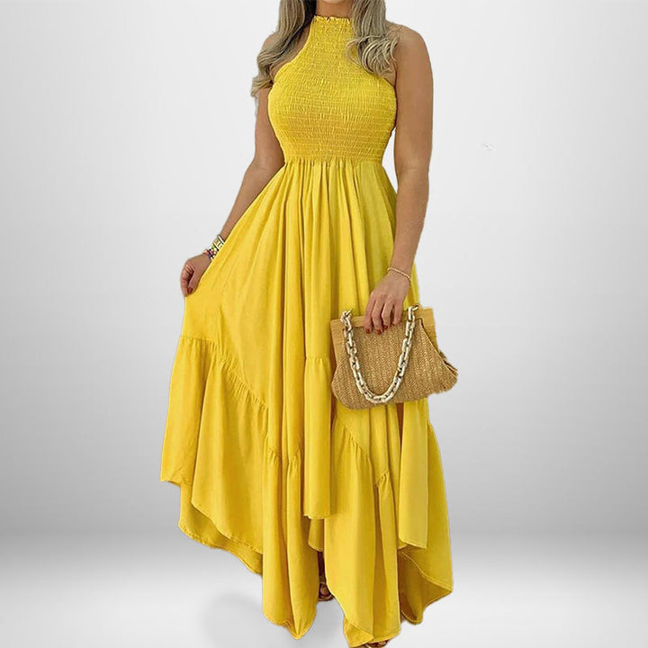Damen Elegantes Maxikleid mit hochgeschlossenem Kragen und fließendem Rock Drune