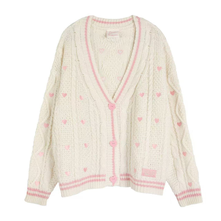 Damen nan grob gestrickter V-Ausschnitt-Cardigan mit Herzapplikationen und dekorativen Herzknöpfen Drune