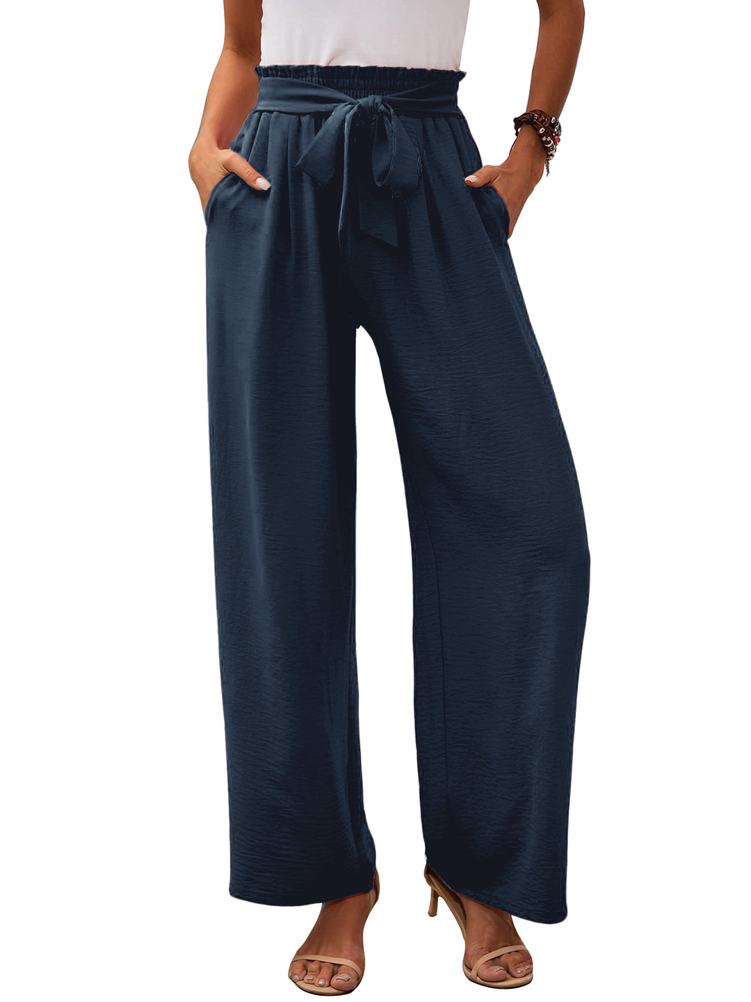 Damen Paperbag-Hose mit weitem Bein, elastischer Taille und Bindegürtel Drune