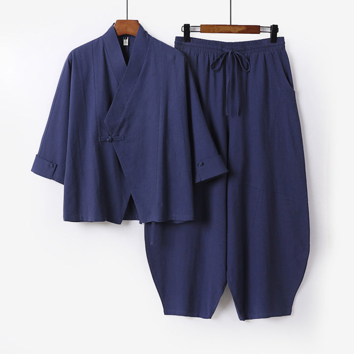 Herren Minimalistisches Kimono-Lounge-Set aus atmungsaktivem Baumwollmix mit ballonförmiger Bundhose Drune