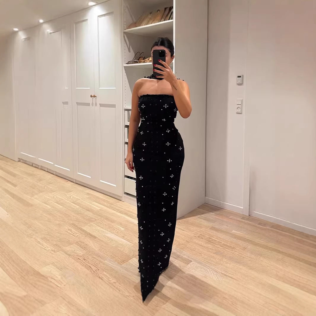 Damen Couture Maxikleid mit schimmernden Pailletten und strapless Design Drune