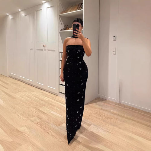 Damen Couture Maxikleid mit schimmernden Pailletten und strapless Design Drune