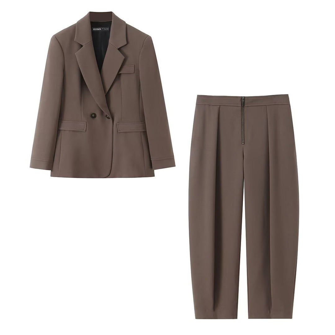 Damen Zweiteiliges Anzugset mit tailliertem Doppelreihigem Blazer und hochtaillierter Bundfaltenhose Drune