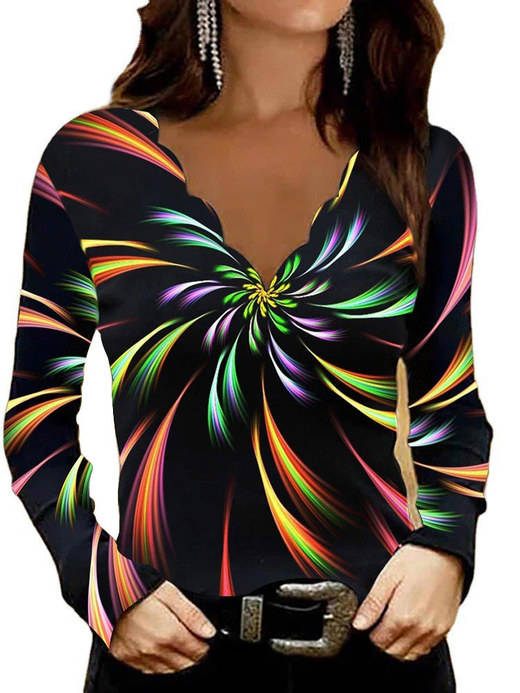 Damen Glitzer-Intarsien Langarmshirt mit V-Ausschnitt und Schmuckstein-Effekt Drune