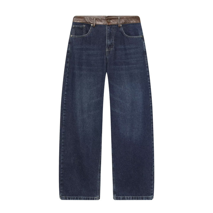 Damen hochgeschnittene Jeans mit weitem Bein und Lederbesatz am Bund Drune
