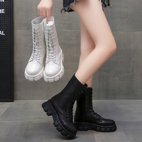 Damen Modische Schnürstiefel mit angularer Plateausohle Drune