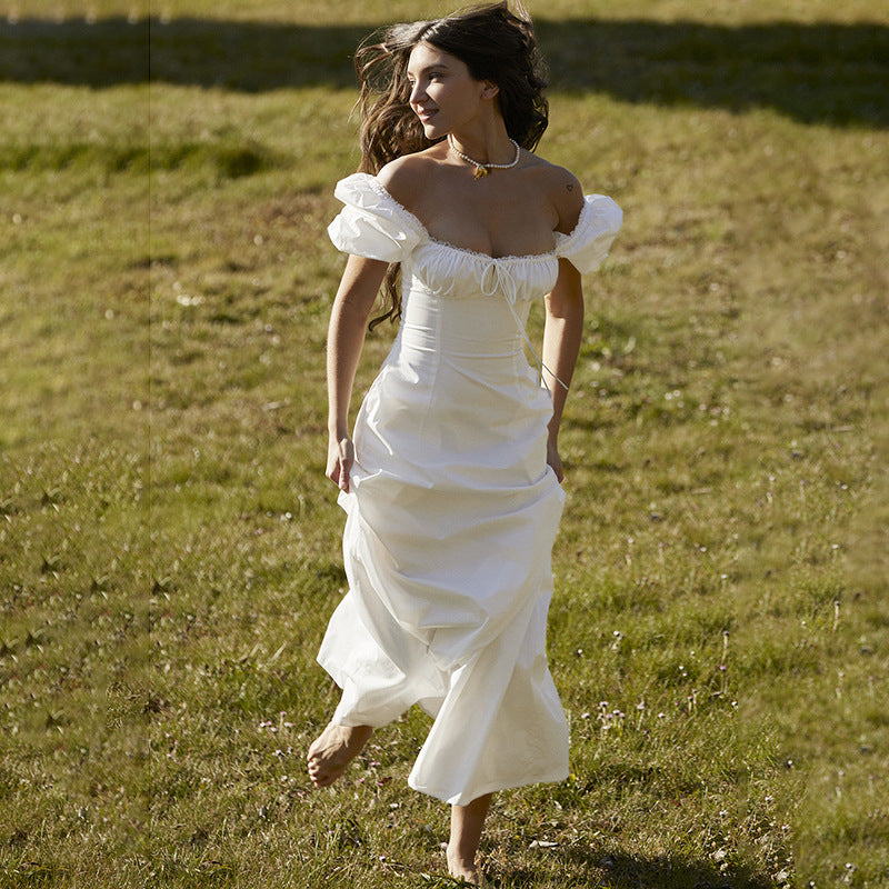 Damen Maxikleid mit Puffärmeln und romantischem Rüschendetail Drune