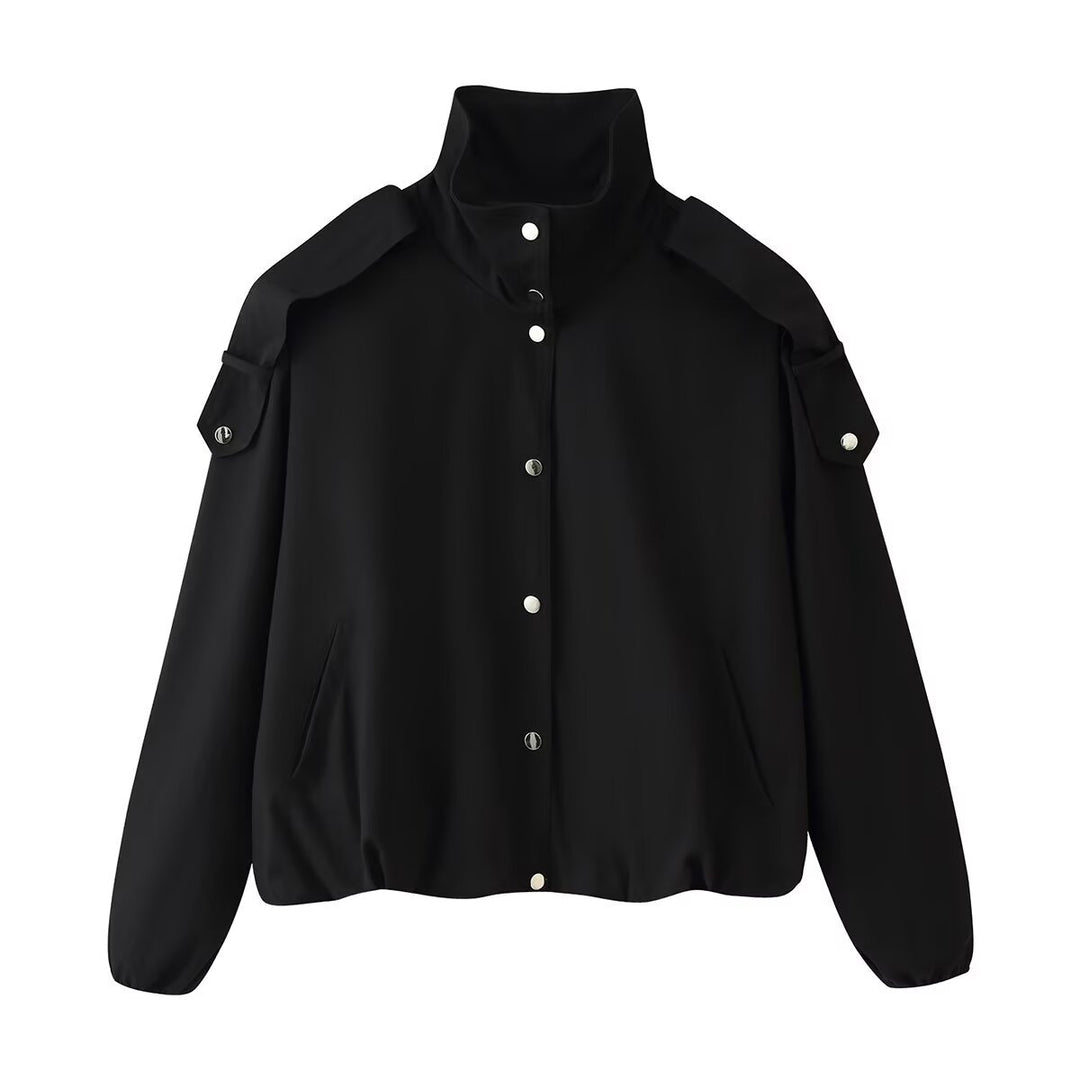 Damen Kurzblouson mit hohem Stehkragen, Schulterpatten und Druckknopfleiste Drune