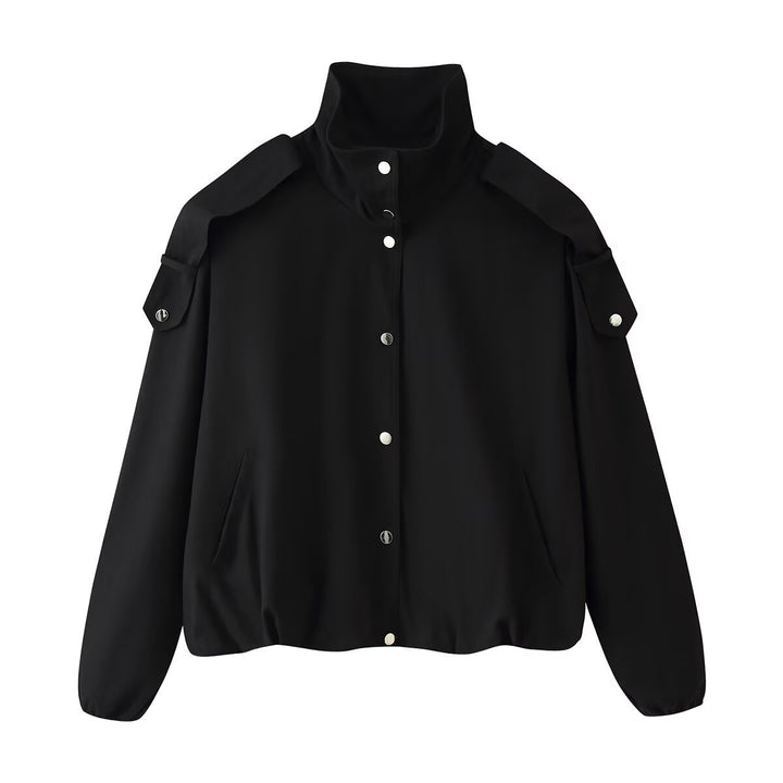 Damen Kurzblouson mit hohem Stehkragen, Schulterpatten und Druckknopfleiste Drune