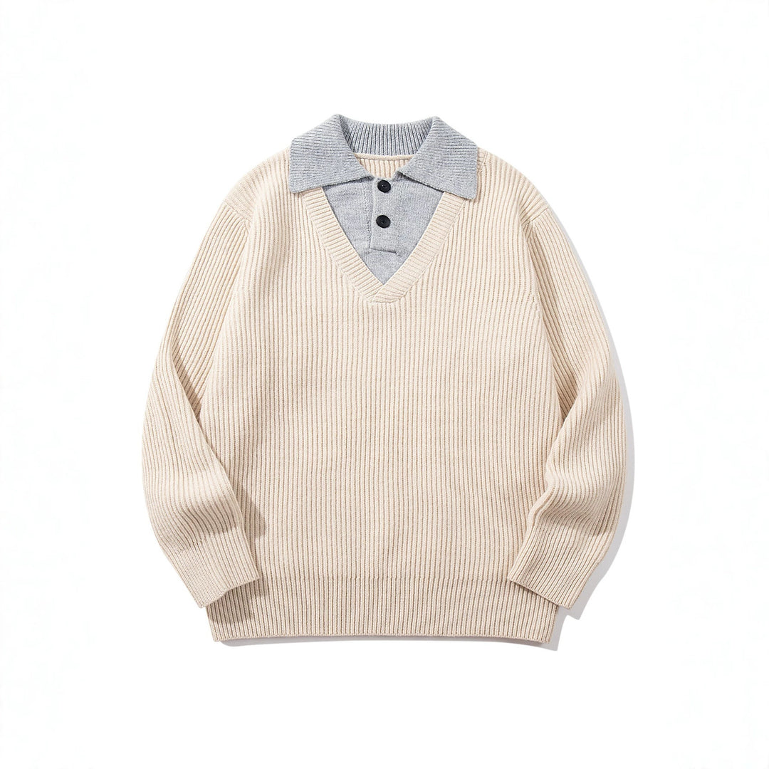 Herren Gerippter Strickpullover mit Polokragen‑Einsatz und tiefem V‑Ausschnitt Drune