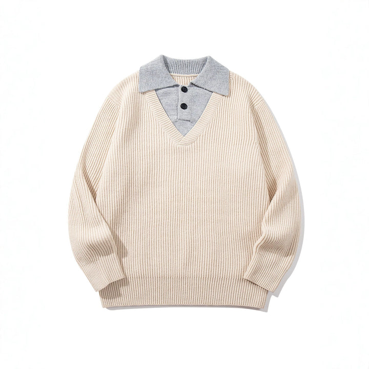 Herren Gerippter Strickpullover mit Polokragen‑Einsatz und tiefem V‑Ausschnitt Drune
