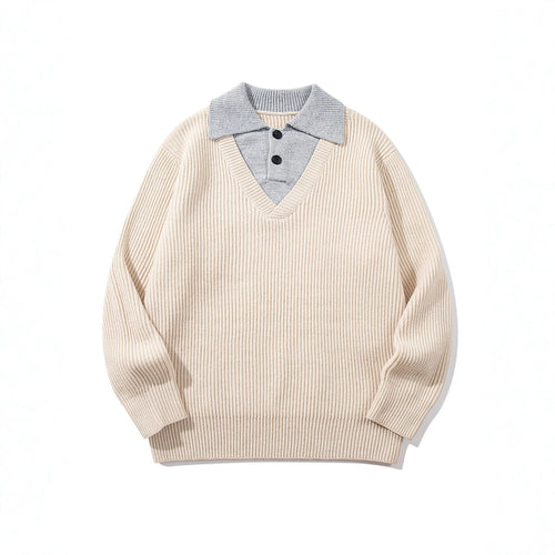 Herren Gerippter Strickpullover mit Polokragen‑Einsatz und tiefem V‑Ausschnitt Drune