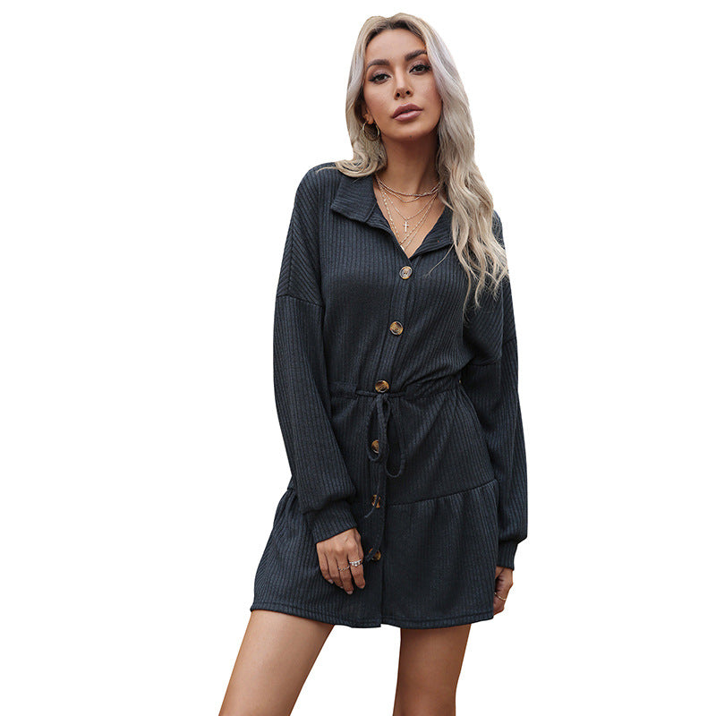 Damen strukturiertes geripptes Hemdkleid mit Taillenzug und Stufenrock Drune