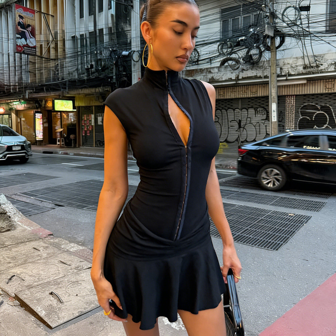 Damen elegantes Stretchkleid mit hochgeschlossenem Kragen und Rüschendetails Drune