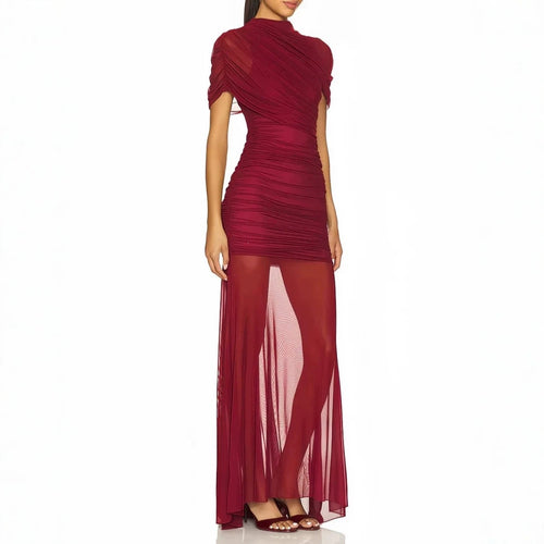 Damen Elegantes Cocktailkleid mit gerafftem Design und transparenter Schicht Drune