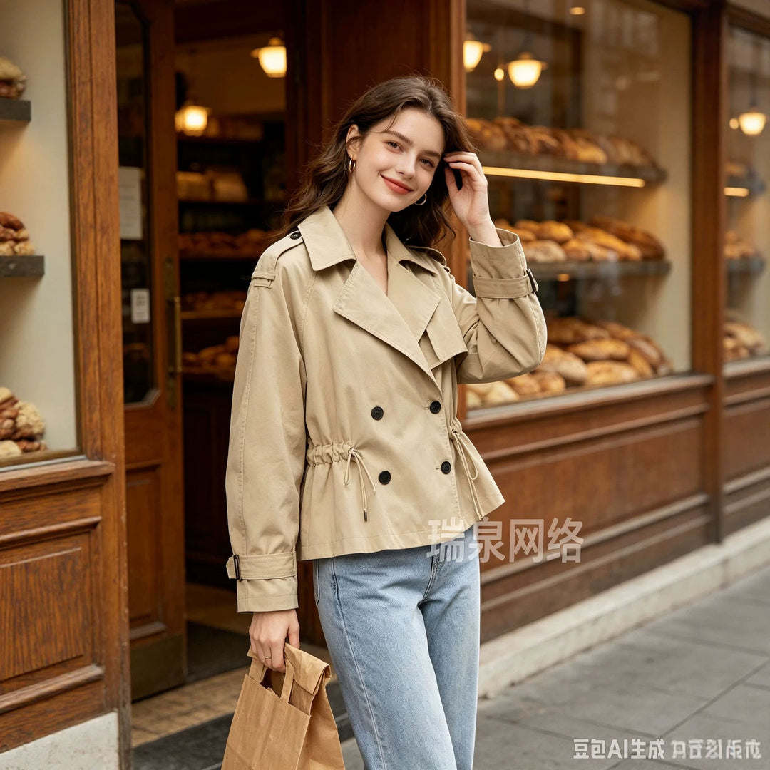Damen Cropped-Trenchcoat mit Taillengürtel und weitem Ärmel Drune